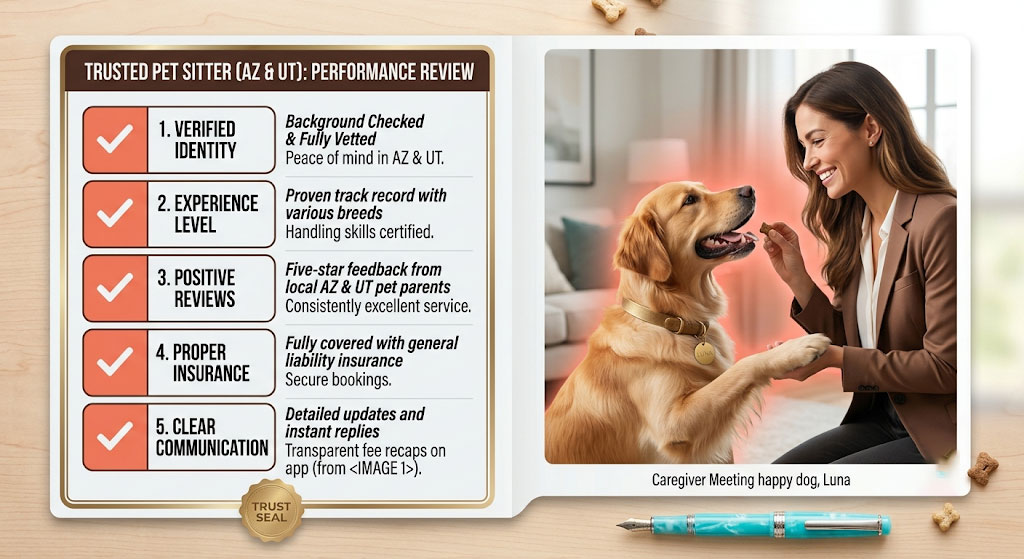 5-Signs-You’ve-Found-a-Trusted-Pet-Sitter–AZ-&-UT-Guide-_-Go-Fetch A checklist graphic showcasing the traits of a trusted pet sitter in Arizona and Utah next to a verified caregiver.