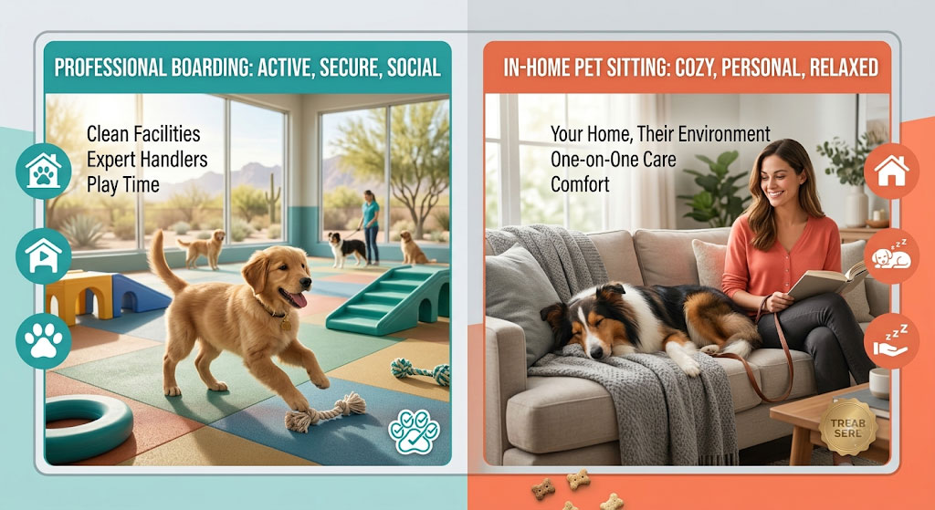 Dog-Boarding-vs-Pet-Sitter–AZ-&-UT-Comparison-Guide-_-Go-Fetch Split screen comparison graphic of professional dog boarding versus in-home pet sitting services in Arizona and Utah.