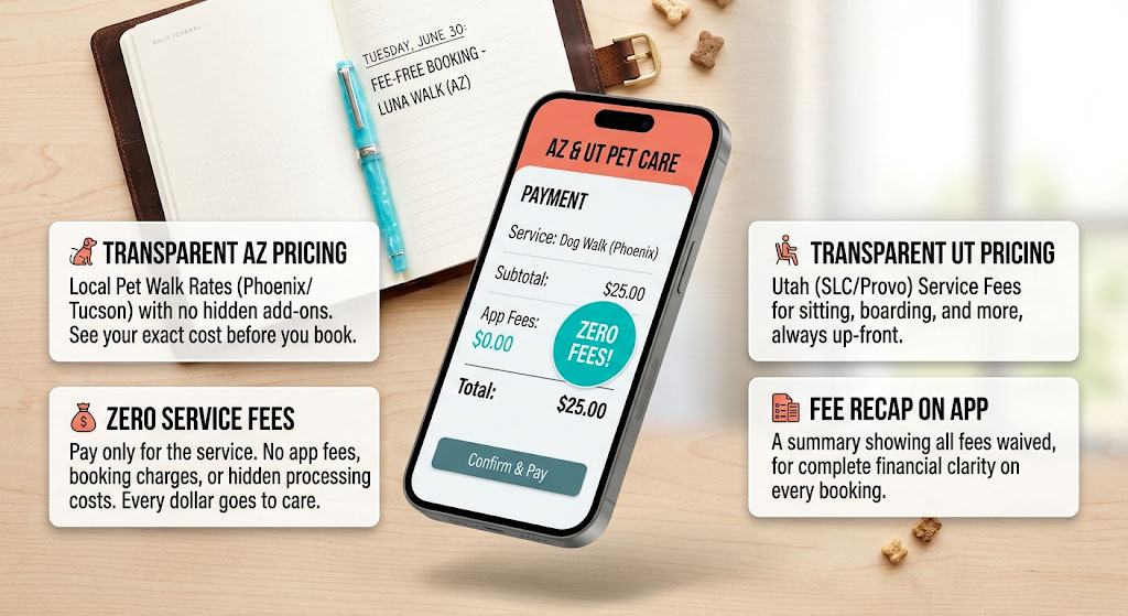 Hidden-Pet-Service-App-Fees-&-How-to-Avoid-Overpaying-_-Go-Fetch A smartphone mockup showing a transparent, no-hidden-fee payment screen on the Go Fetch app.