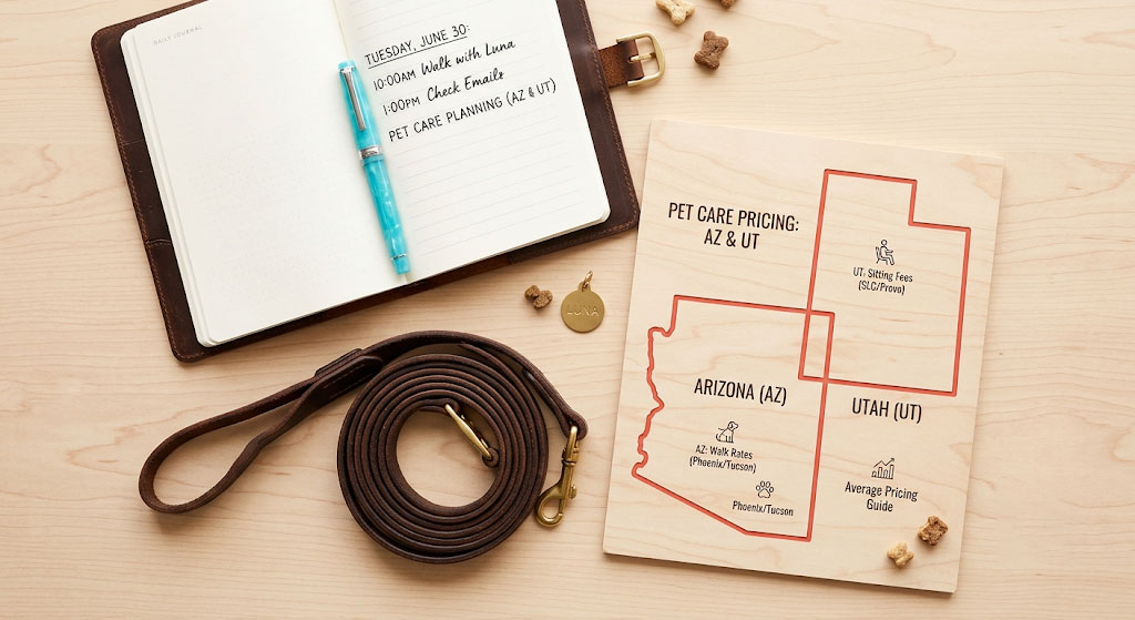 Flat lay layout featuring pet walking accessories and a regional pricing guide map for Arizona and Utah dog walkers.