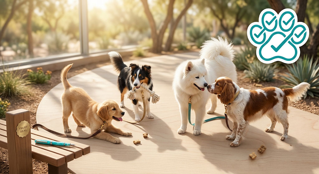 Why-Socializing-Your-Dog-Is-Critical-for-Long-Term-Health-_-Go-Fetch A diverse group of friendly dogs interacting during a socialization playdate at a park.